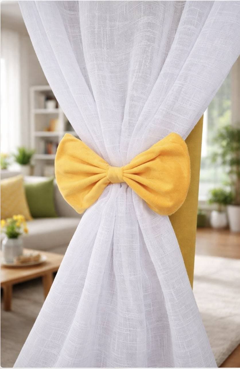 Set Perdea Decorativă cu Dungi Alb-Galbene și Fundițe